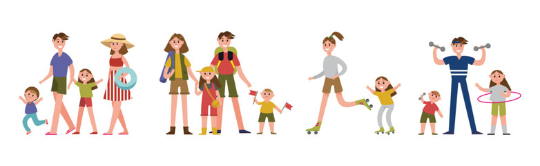 Family with Parents and Kids Spending Time Together Vector Set