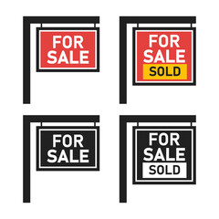 For sale wooden placard set. Real estate sign. Buy or rent house. Vector illustration in flat style