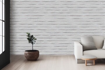 Contemporary interior with sofa, wall panel and decor. 3d render illustration mockup. Generative AI.