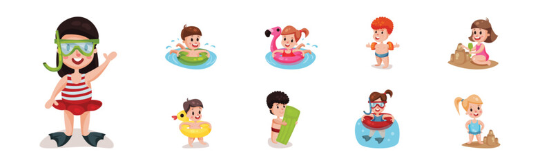 Kids at Seaside Swimming with Rubber Ring and Building Sand Castle Vector Set