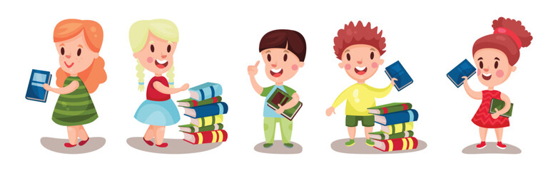 Kids Reading Books and Enjoying Literature Vector Set