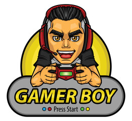 Colorful logo of gamer boy with control in hand.