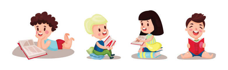 Kids Reading Books and Enjoying Literature Vector Set