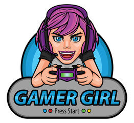 Colorful logo of gamer girl with control in hand.