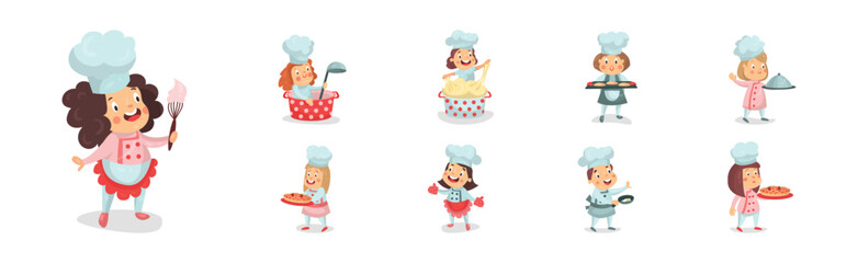 Children Chef Characters in Toque and Uniform Cooking Meal Vector Set