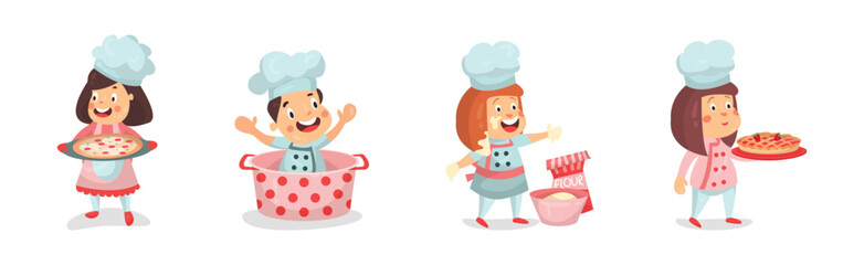 Children Chef Characters in Toque and Uniform Cooking Meal Vector Set