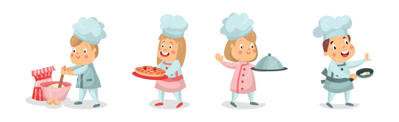 Children Chef Characters in Toque and Uniform Cooking Meal Vector Set