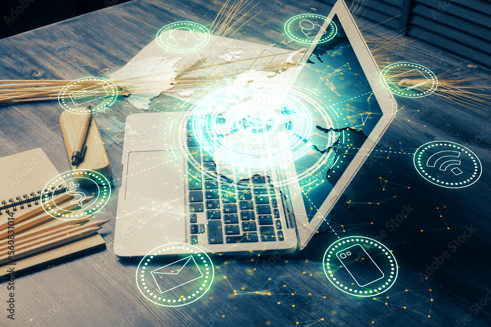 Poster computer on desktop with social network hologram. double exposure. concept of international people c