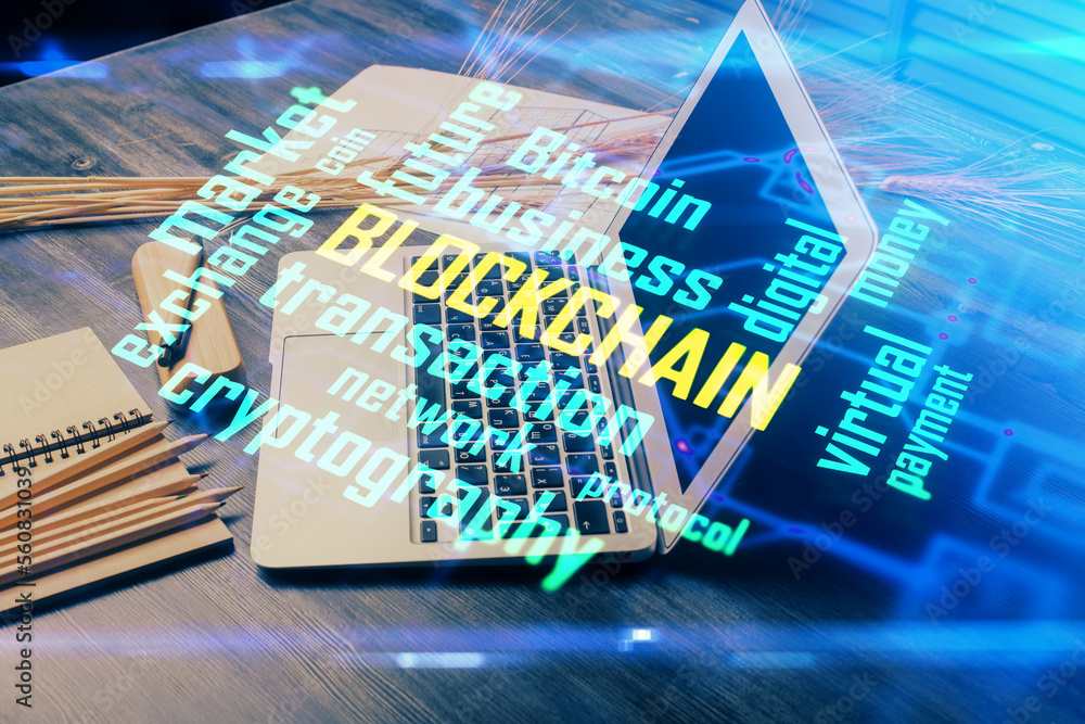 Aufkleber Double exposure of blockchain and crypto economy theme hologram and table with computer background. Concept of bitcoin cryptocurrency.
