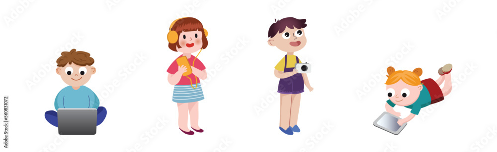 Poster little kids using mobile gadget browsing in the internet vector set