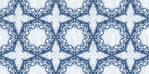 Indigo dye wash coastal damask seamless border pattern. Washed out geometric dip dyed blur effect edging. Nautical and marine ocean blue masculine endless tape background with linen texture trim.