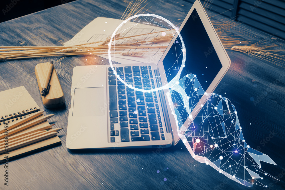 Poster desktop computer background in office and start up theme hologram drawing. double exposure. startup 