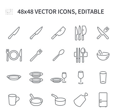 Simple vector line icons. On the theme of dishes, contains such icons as cutlery, knife, plate, fork, spoon, refrigerator, frying pan, dishes and others.