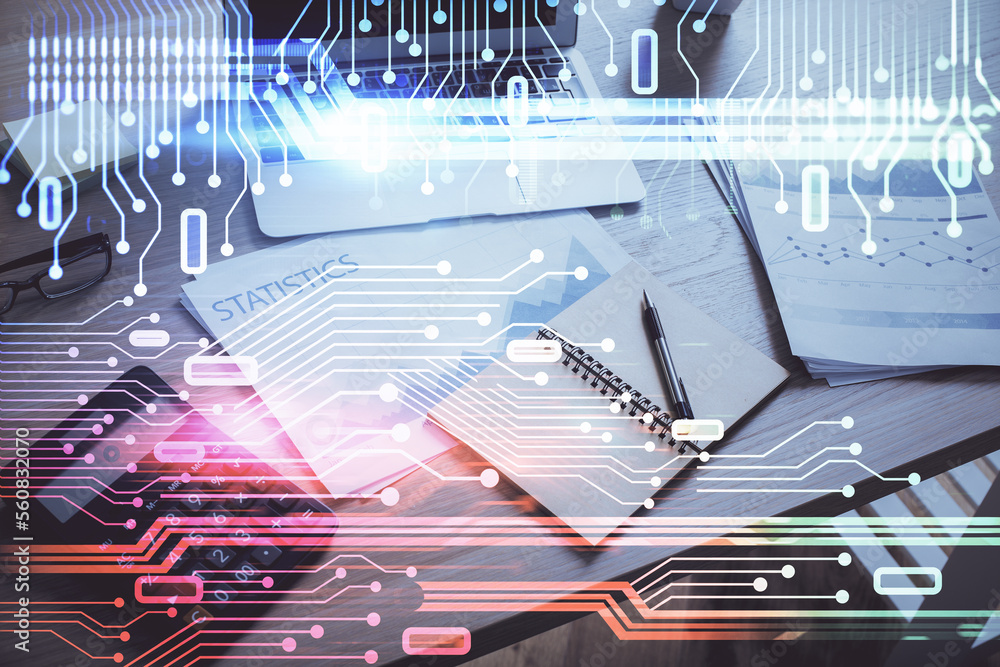 Poster Multi exposure of desktop with computer on background and tech theme drawing. Concept of big data.