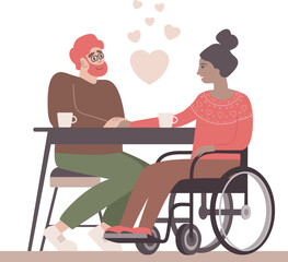 Loving valentine couple. Girl with disability in wheelchair and her boyfriend having date in a cafe.