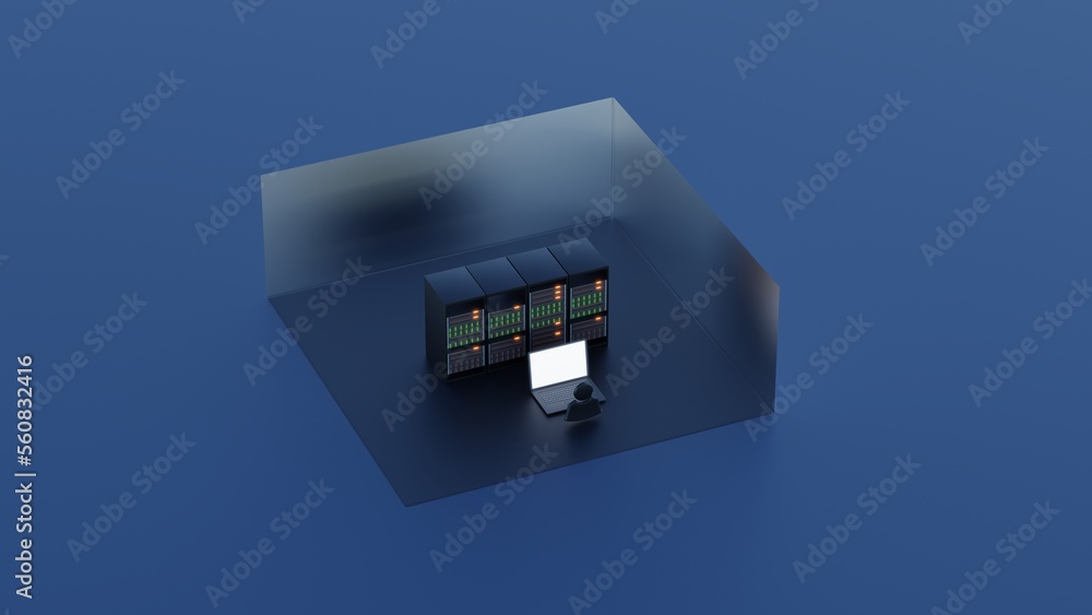 Poster server management by the network administrator, server management in the cloud, 3d rendering