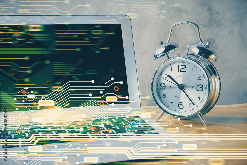 Poster Double exposure of desktop with computer on background and tech theme drawing. Concept of big data.