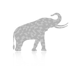 Vector illustration of a polygonal elephant. Animal silhouette with reflection. Printing, Graphic design. Isolated on white background.