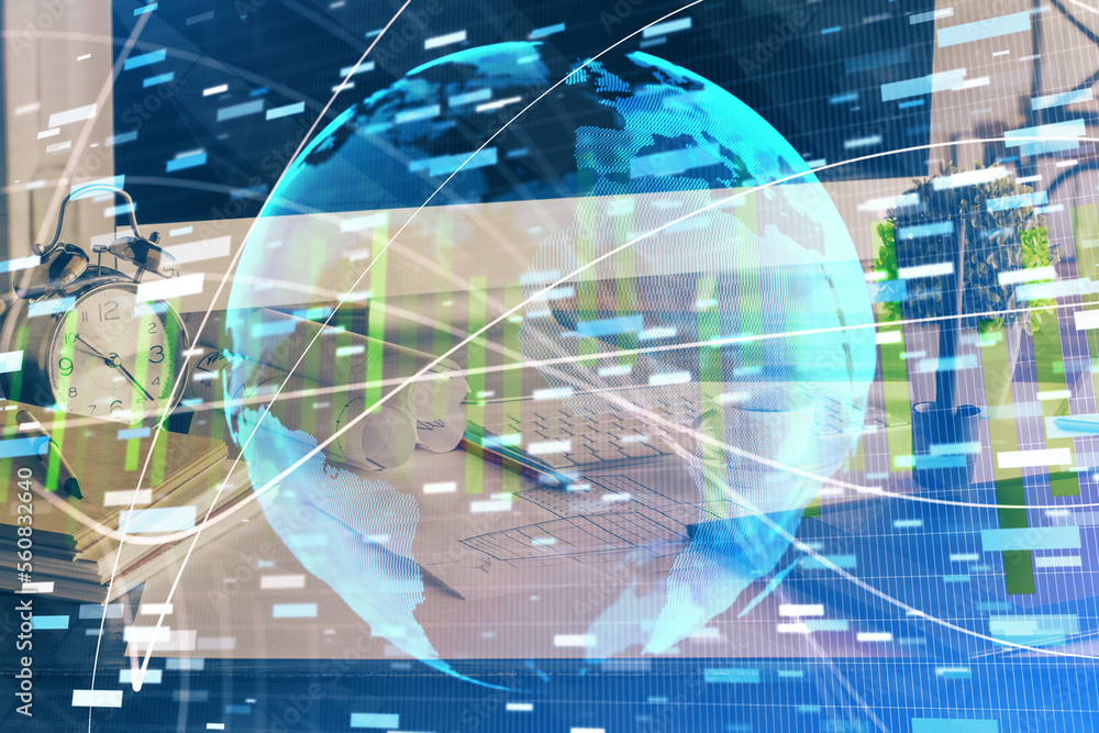Aufkleber double exposure of business theme icons and work space with computer background. concept of success.