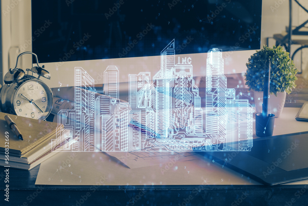 Poster desktop computer background in office and big town buildings hologram drawing. double exposure. smar