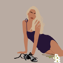 Blonde in a little black dress. With daisies