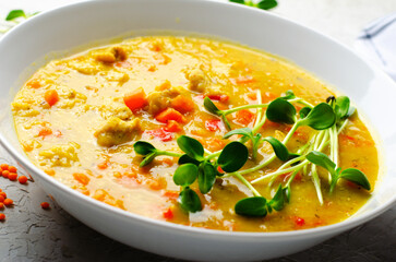 Lentil Soup, Homemade Vegetable Soup with Chicken and Herbs on Bright Background, Healthy Eating