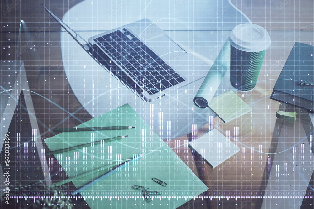 Poster Financial graph colorful drawing and table with computer on background. Double exposure. Concept of international markets.