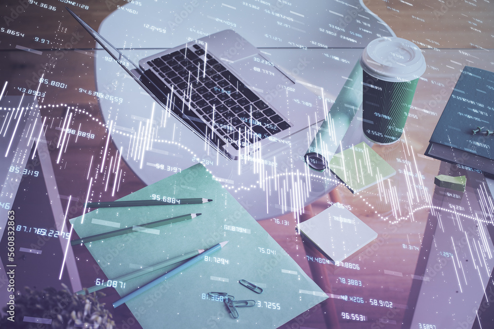 Aufkleber Financial graph colorful drawing and table with computer on background. Double exposure. Concept of international markets.