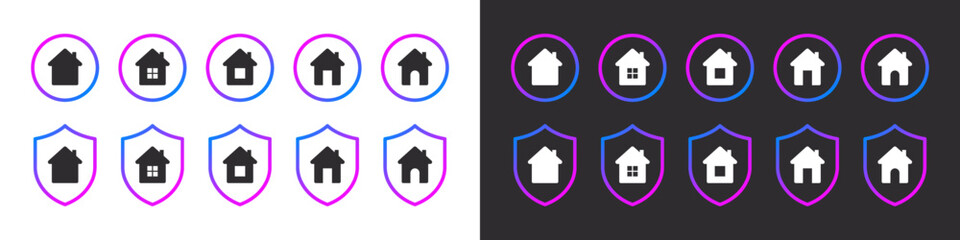 Home icon set. Shield and house icons. House icons. Real estate. Flat style houses symbols. Vector icons