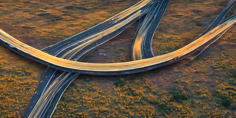 Top view of road cross network, road in the middle of nowhere, driving on the highway at sunset