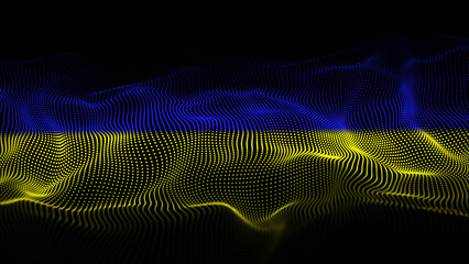 Digital wave in a Ukraine flag form. The futuristic abstract structure with many dots. Big data visualization. 3D rendering.
