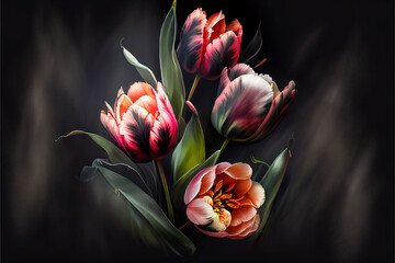 A bouquet of tulips of various colour on a black background.
