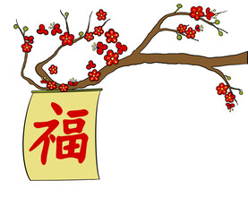 The Chinese characters are synonymous with happiness, used as a blessing and greetings on the Chinese New Year, Red flower and tall tree behind.