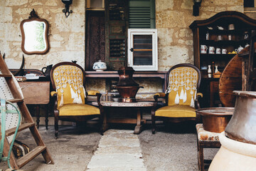 The village of antique dealers, a sort of flea market located in an old palace in Lectoure, in the South of France (Gers) - obrazy, fototapety, plakaty