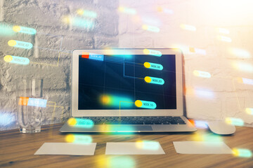 Double exposure of desktop with personal computer on background and tech theme drawing. Concept of Bigdata.