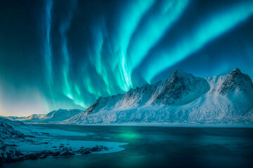 Naklejka premium Northern lights over the snowy mountains, sea coast, reflection in water at night. Generative AI. Aurora borealis and snow covered rocks. Winter landscape with polar lights and fjord. Starry sky