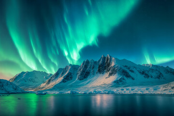Fototapeta na wymiar Northern lights over the snowy mountains, sea coast, reflection in water at night. Generative AI. Aurora borealis and snow covered rocks. Winter landscape with polar lights and fjord. Starry sky