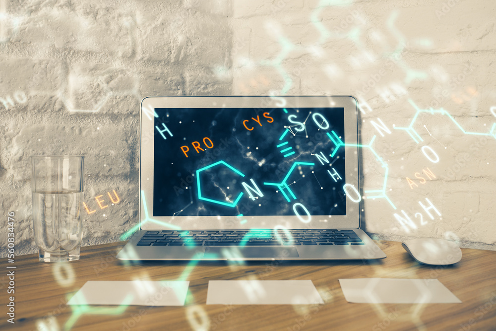Poster desktop computer background and formula hologram writing. double exposure. education concept.
