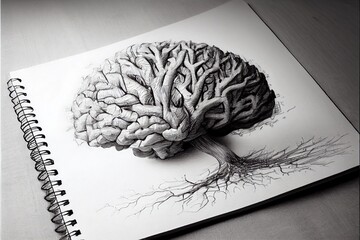 Brain tree - pencil sketch on white sheet of paper. Generative AI