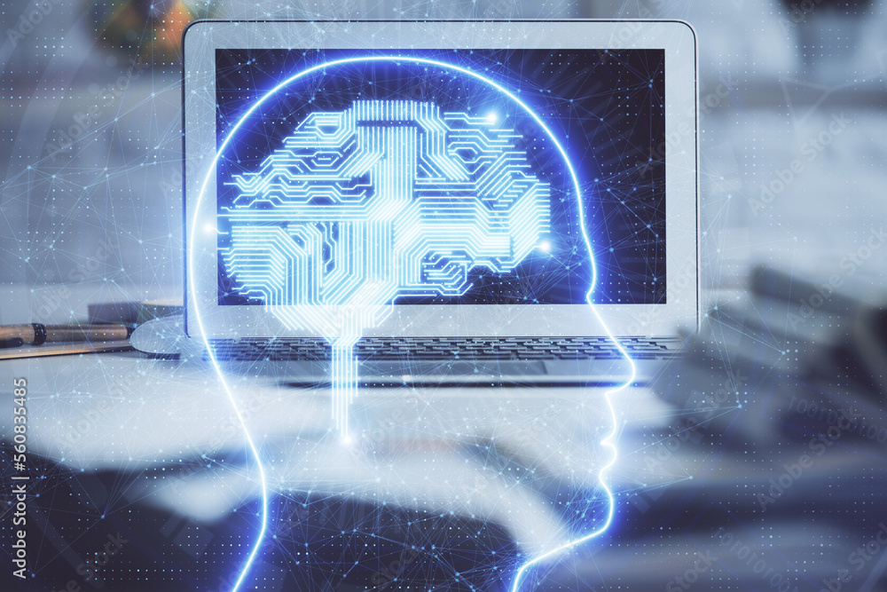 Aufkleber double exposure of work space with computer and human brain drawing hologram. brainstorm concept.