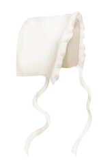 Baby Hat watercolor illustration. Hand drawn kid Cap on isolated background. Bonnet in pastel colors. Mutch for Child. Cloth for newborn party design. Cute accessory for boy or girl. Aquarelle drawing