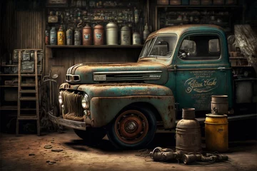 Foto op Plexiglas Rustic Truck in Old Garage - Loose Tools on Floor and Oil Cans - Wall Decoration Image - Poster, Generative AI © olimpio