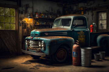 Rustic Truck in Old Garage - Loose Tools on Floor and Oil Cans - Wall Decoration Image - Poster, Generative AI