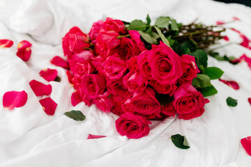 A beautiful bouquet of pink roses lies on a white bed. Background for Valentine's Day