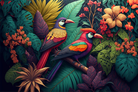 Bring Life and Color to Your Decor with Tropical Forest 3D Digital Art - Multicolor Birds, Plants, and Flowers, Generative AI © olimpio
