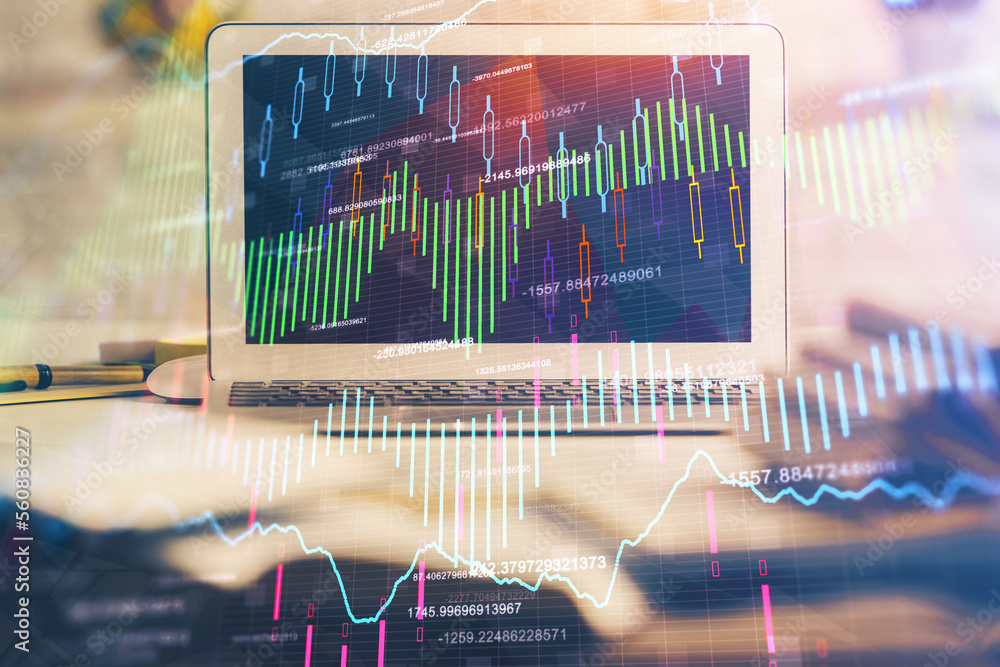 Aufkleber financial graph colorful drawing and table with computer on background. double exposure. concept of 