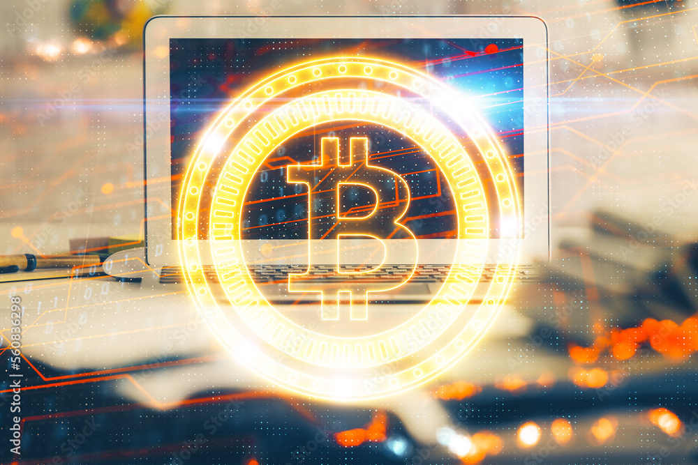 Aufkleber Multi exposure of blockchain and crypto economy theme hologram and table with computer background. Concept of bitcoin cryptocurrency.
