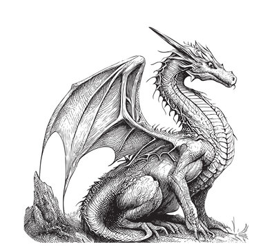 Fantasy dragon hand drawn sketch Side view Vector illustration