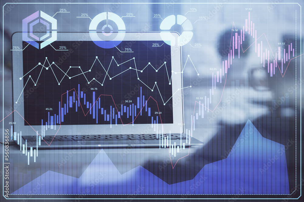 Poster Financial graph colorful drawing and table with computer on background. Double exposure. Concept of international markets.