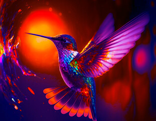 Fototapeta premium hummingbird flying and flower and sun